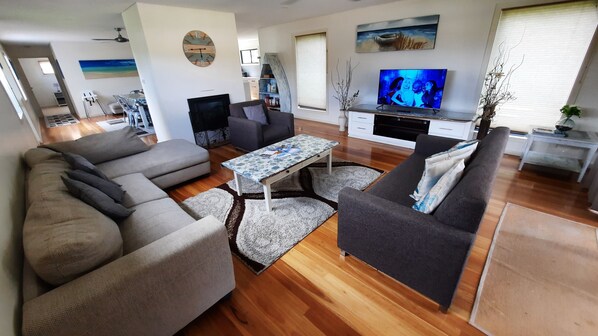 Smart TV, fireplace, DVD player, books