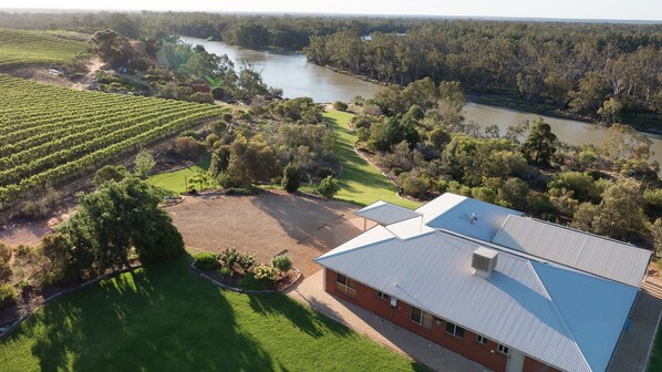 A large building with a flat roof, surrounded by a well-maintained lawn and a vineyard.