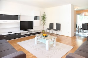 Télévision à écran plat, lecteur de DVD, livres