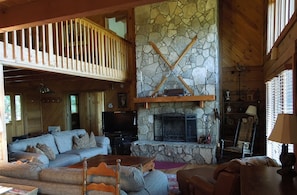 TV, fireplace, DVD player, music library
