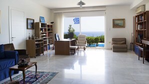 Living area - VILLA ELENI - Breathtaking views of most gorgeous beach of Athens (Legrena)