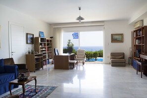 Televisión, chimenea y libros 