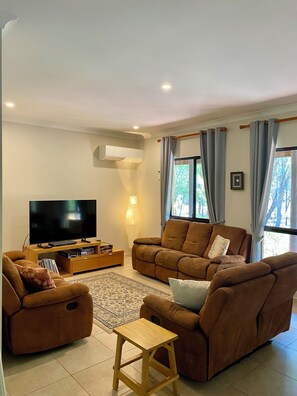 TV, fireplace, DVD player, table football