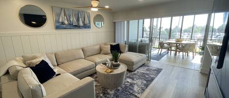 TV connectée, cheminée, lecteur de DVD, livres