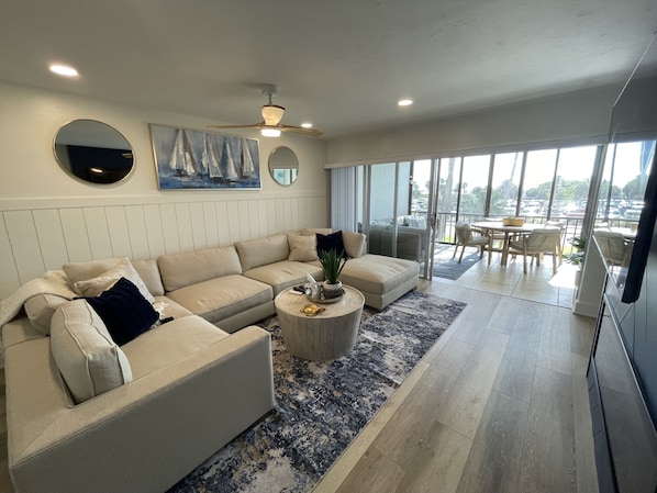 Smart TV, fireplace, DVD player, books