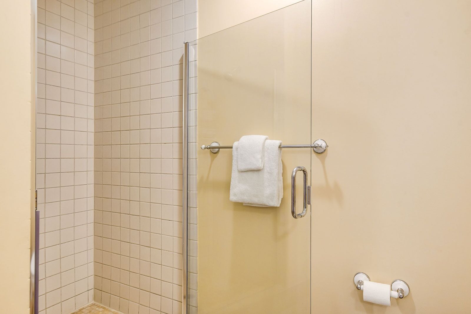 A bathroom with a glass shower enclosure, a towel rack with a white towel, and a toilet paper holder.