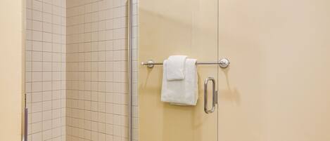 A bathroom with a glass shower enclosure, a towel rack with a white towel, and a toilet paper holder.