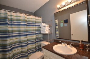 Combined shower/tub, hair dryer, towels