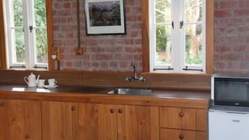 Fridge, microwave, stovetop, electric kettle