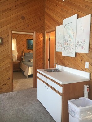 Cozy retreat with a single bed, kitchenette, and sloped ceiling.