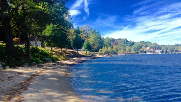 A beach with clear blue water, sandy shore, and trees.