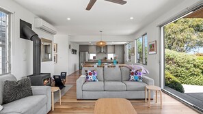 Flatskjerm-TV, peis og DVD-spiller