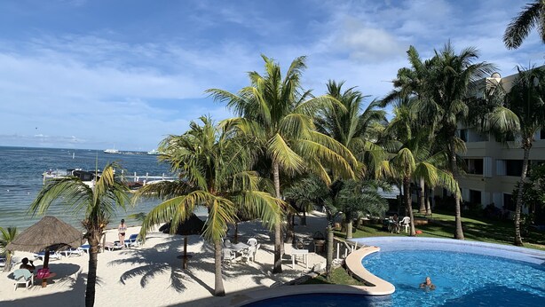 Zona junto a la piscina con una pileta curva, palmeras y vista al océano con barcos.