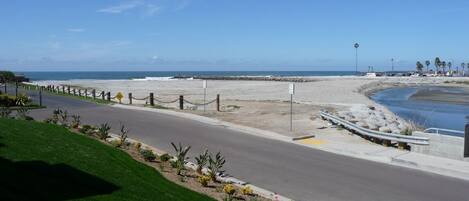 On the beach, sun-loungers, beach towels