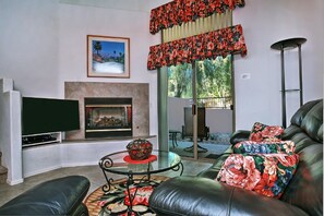 TV connectée, cheminée, lecteur de DVD, livres