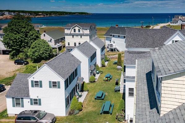 A residential area with houses, a lawn, and a view of the ocean.