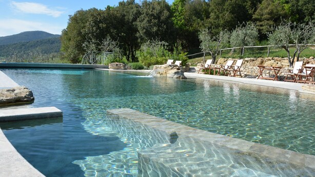 A clear swimming pool with a stone edge, surrounded by lounge chairs and a stone wall.