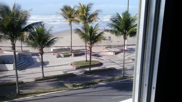 Vista de una playa con palmeras y un paseo marítimo.