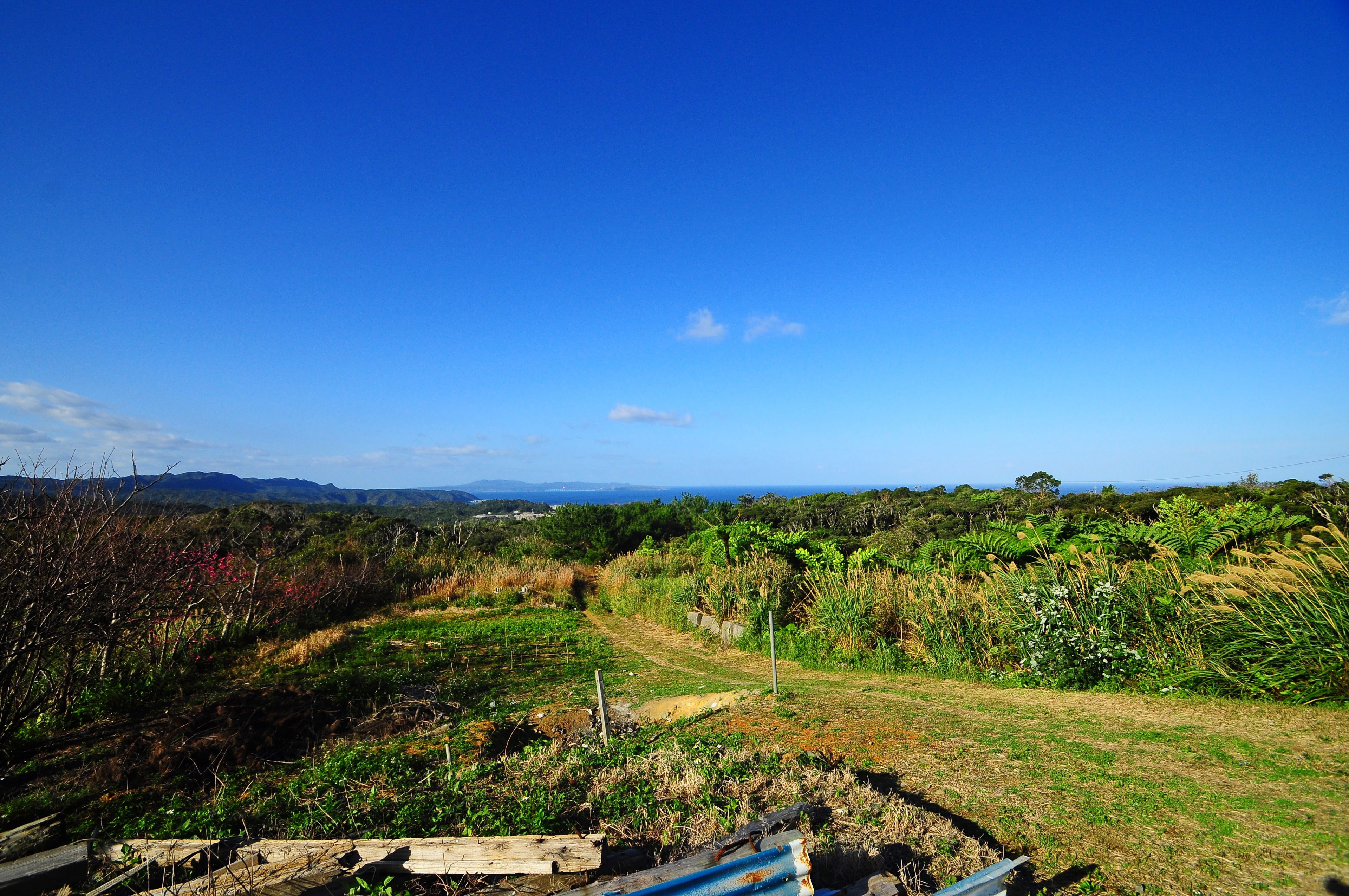 A rural landscape with a clear sky, fields, and distant mountains.