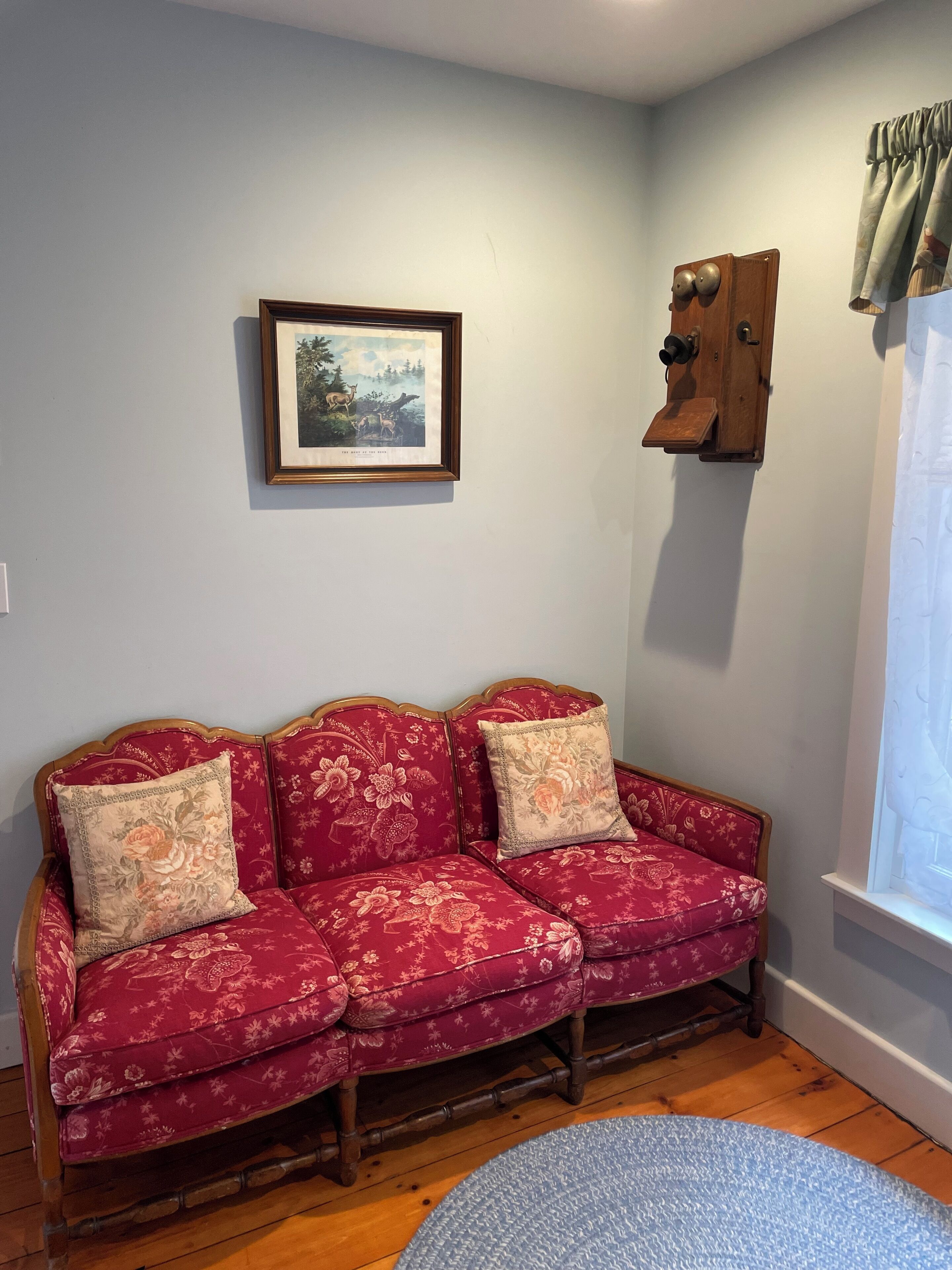 A room with a red floral sofa, a framed picture on the wall, and a wooden object on the wall.