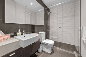 Shower, hair dryer, towels, soap