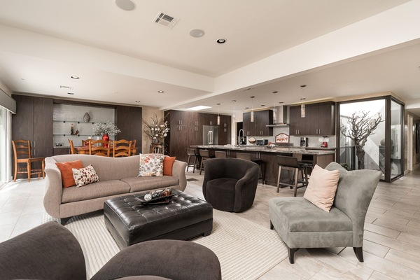 Spacious Great Room,  Dining area, Bar area and Huge serving and dining island.