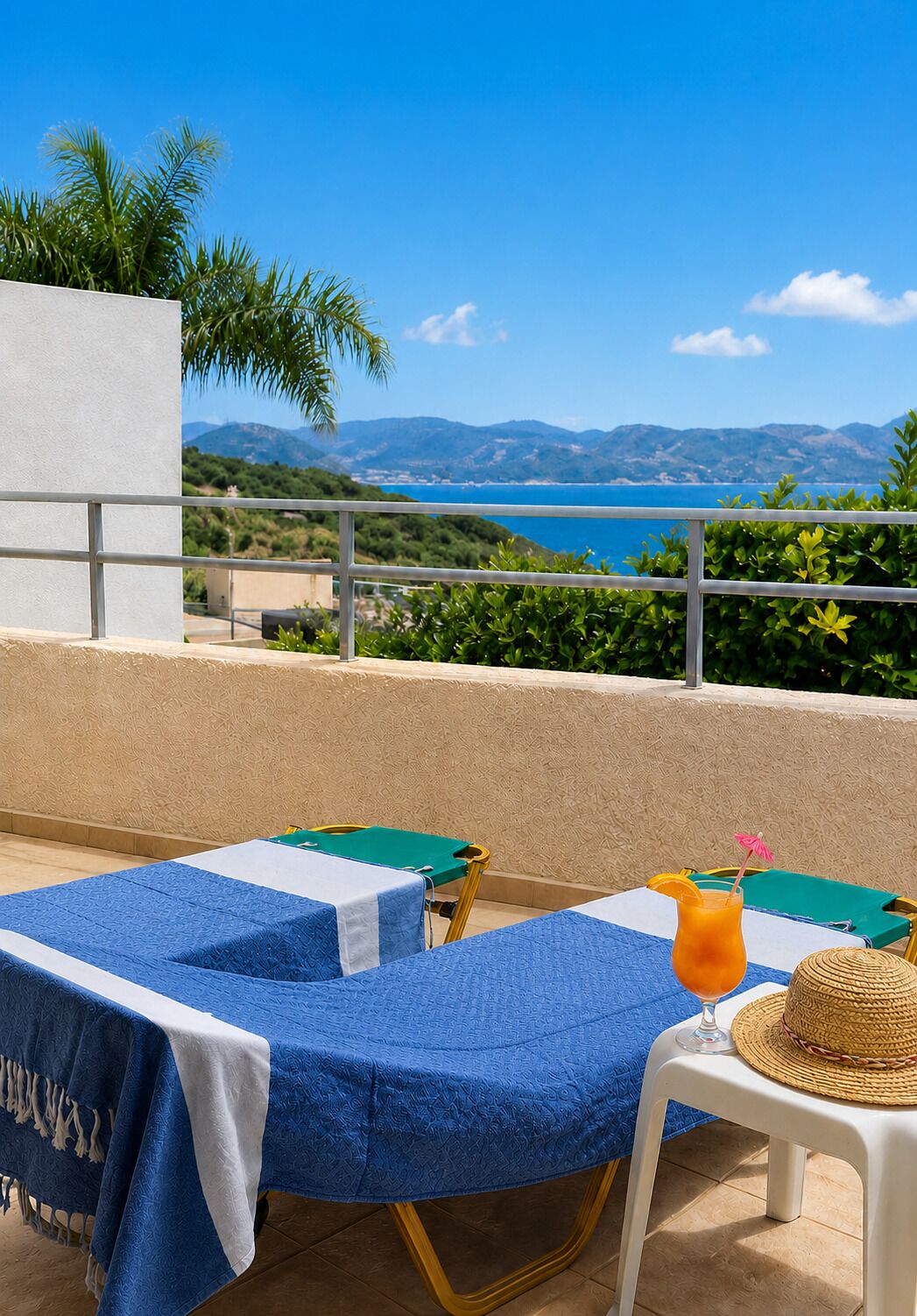 Un balcon avec deux chaises longues, une table avec une boisson, et une vue sur la mer et les montagnes.