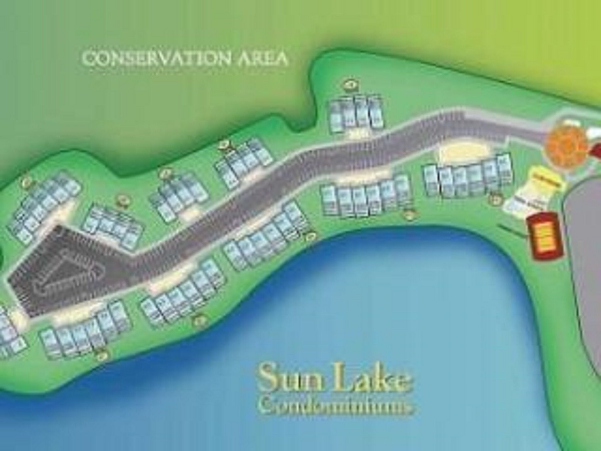 A map of Sun Lake Condominiums with a conservation area and a road layout.