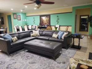 Smart TV, fireplace, video games, DVD player