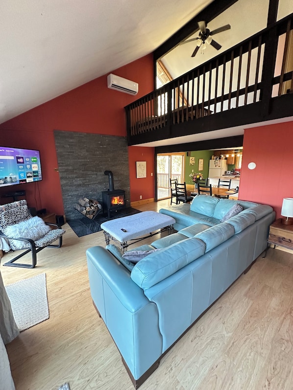 Smart TV, fireplace, video games, DVD player