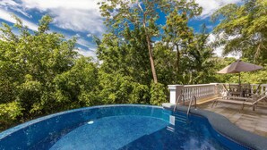 A swimming pool surrounded by lush greenery and a clear blue sky.