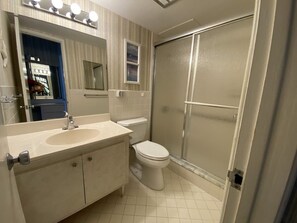 Combined shower/tub, hair dryer, towels, soap