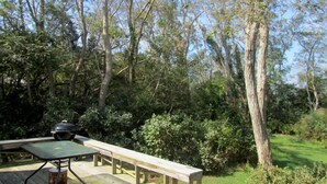 Une terrasse extérieure en bois, dotée d’une table de pique-nique et de bancs, entourée d’une végétation luxuriante et d’arbres.