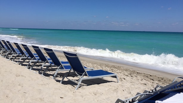 Ein Strand mit Reihen blauer Liegestühle mit Blick aufs Meer.