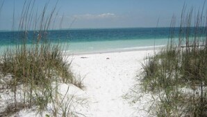 Ein Strandweg führt zum Meer, mit weißem Sand und vereinzelten Grashalmen.