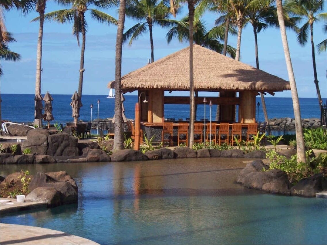 A beachside resort with a thatched-roof hut, lounge chairs, and a pool area surrounded by rocks and palm trees.