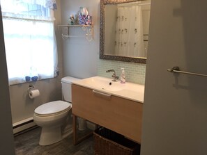 Duschwanne, Haartrockner, Seife, Toilettenpapier