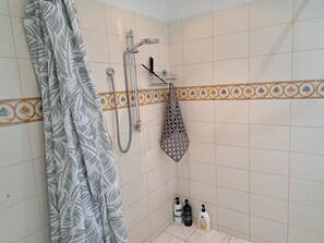 Douche, séchoir à cheveux, serviettes fournies, savon