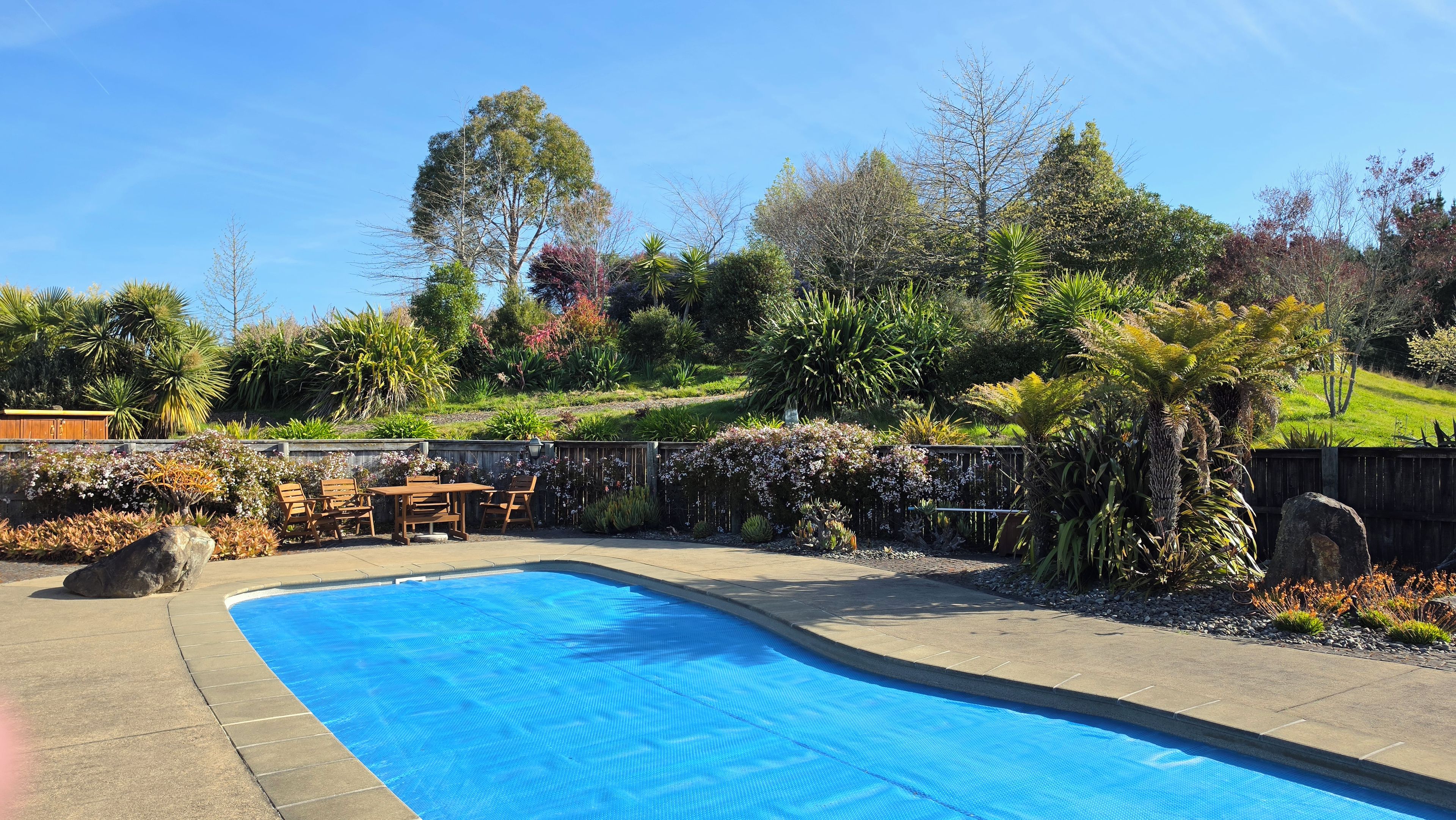 A swimming pool with a blue cover, surrounded by a garden with various plants and trees.