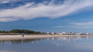 A beach with a person walking, birds on the water, and houses in the background. - Salty but Sweet - 3 min walk to Beach - Newly Renovated - Video! (Wells)
