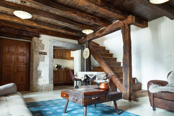 Smart TV, fireplace, books