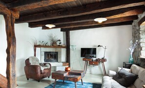 TV, fireplace, books, stereo