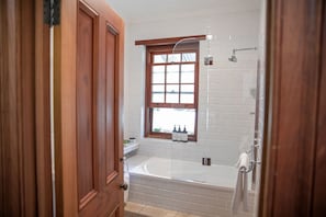 Combined shower/tub, hair dryer, towels, soap