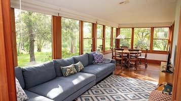 Smart TV, fireplace, books, music library