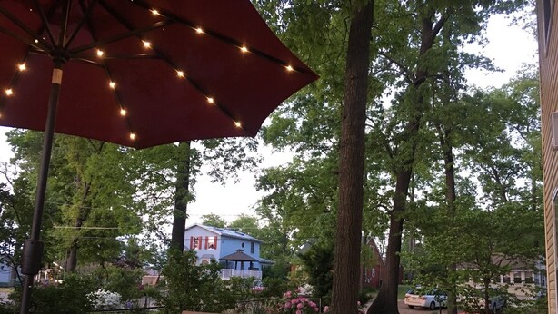 An outdoor patio with a table and chairs, surrounded by trees and flowering plants.