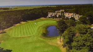 Luftaufnahme eines Golfplatzes mit Teich, umgeben von dichter Baumgruppe und einem Wohngebiet mit Häusern.