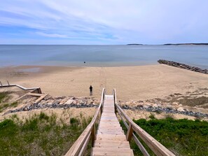 Ein hölzerner Steg führt zu einem Sandstrand, am Ende steht eine Person.