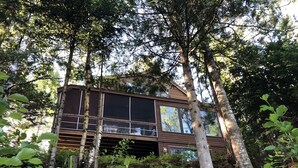 A cabin nestled among tall trees, with large windows and a wooden exterior.