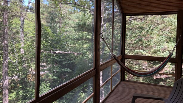 A wooden deck with large windows overlooking a forested area.