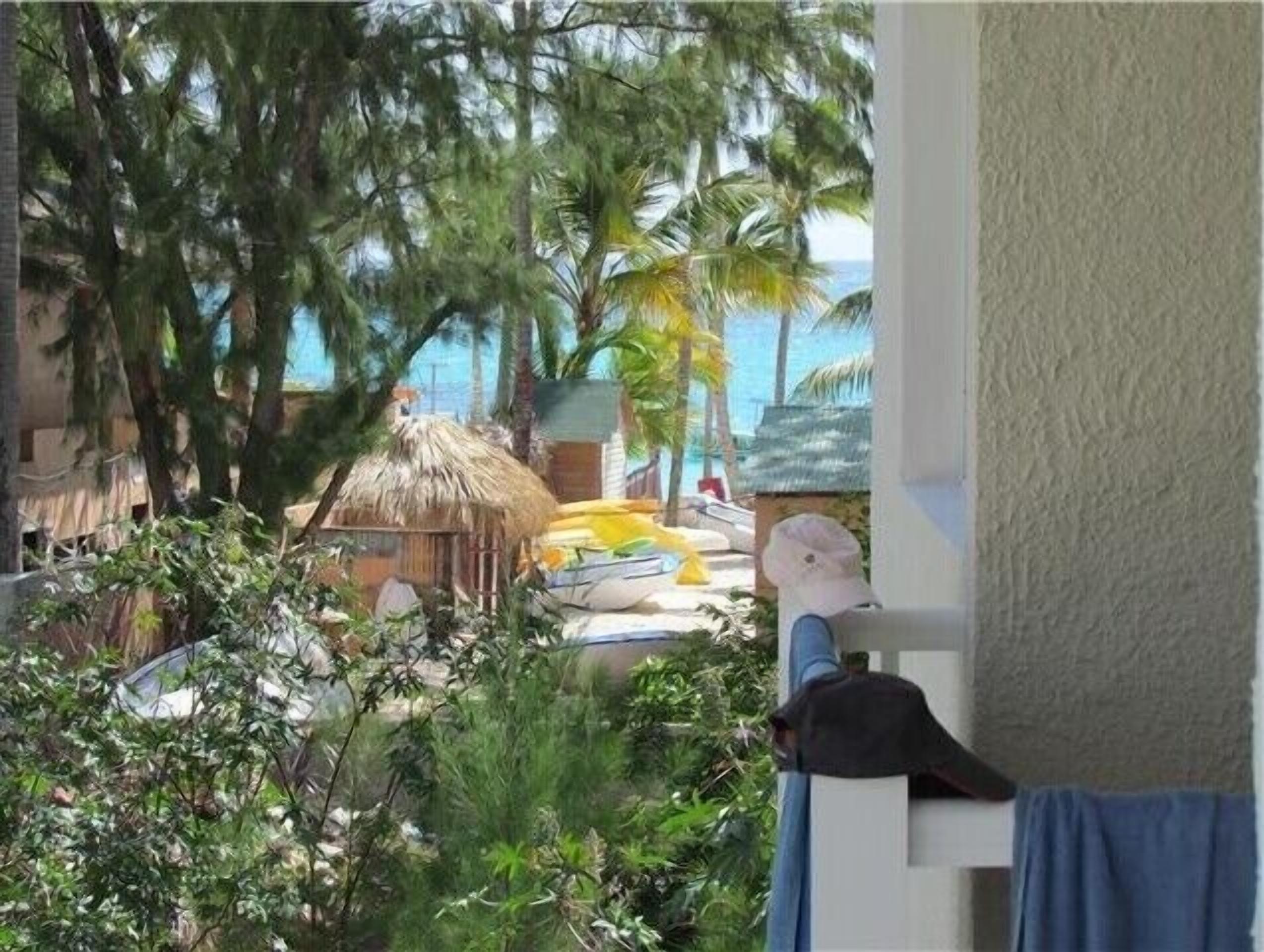 Ein Zimmer mit Blick auf einen Strand, inklusive Palmen, einer mit Reet gedeckten Hütte und einem gelben Liegestuhl.